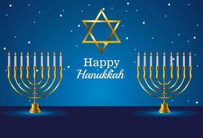 happy hanukkah celebration card with star and chandeliers vector