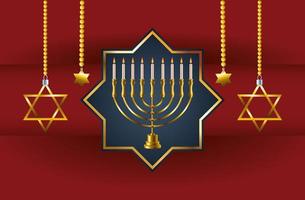 Feliz tarjeta de celebración de Hanukkah con candelabro en estrella y estrellas colgando vector