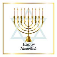 feliz tarjeta de celebración de hanukkah con candelabro y estrella en marco cuadrado vector