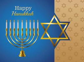 feliz tarjeta de celebración de hanukkah con candelabro y estrella dorada vector