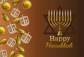 feliz tarjeta de celebración de hanukkah con candelabro y dreidels vector