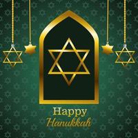 feliz tarjeta de celebración de hanukkah con estrellas doradas colgando vector