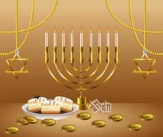 feliz tarjeta de celebración de hanukkah con candelabro y monedas de oro vector