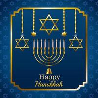 Feliz tarjeta de celebración de Hanukkah con candelabro y estrellas en marco cuadrado