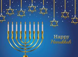 feliz tarjeta de celebración de hanukkah con candelabro y estrellas colgando