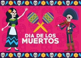 dia de los muertos celebration lettering card with skeletons couple and maracas vector