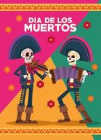 dia de los muertos celebration card with skeletons mariachis and flowers vector