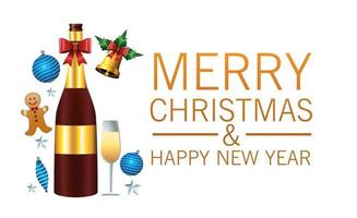 happy merry christmas lettering card with champagne bottle and cup vector