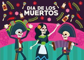 Tarjeta de celebración del dia de los muertos con grupo de esqueletos y flores. vector