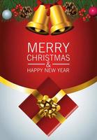 happy merry christmas lettering card with golden bells and giftbox vector