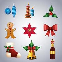 paquete de nueve iconos de feliz navidad feliz vector