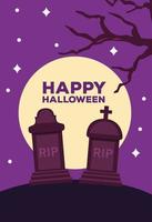 happy halloween celebration card with moon in cemetery scene vector