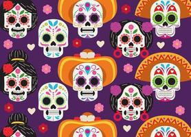 cartel de celebración del día de los muertos con patrón de grupo de cabezas de calaveras vector