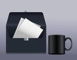 black envelope mail and mug mockup icons vector