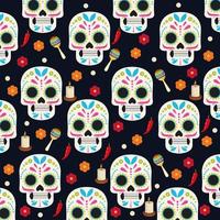 cartel de celebración del día de los muertos con cabezas de calaveras y patrón de grupo de flores vector