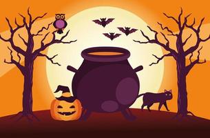 happy halloween celebration card with cauldron and pumpkin vector