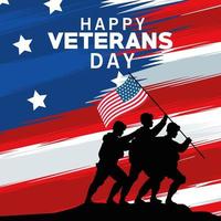 Feliz celebración del día de los veteranos con soldados levantando la bandera de EE.UU. en la pole en el fondo de la bandera vector