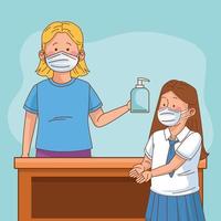 covid preventive at school scene with teacher and student girl vector