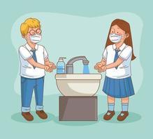 covid preventive at school scene with little students couple washing hands vector