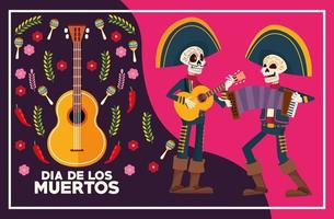 tarjeta de celebración del dia de los muertos con esqueletos mariachis tocando instrumentos vector