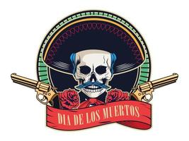 cartel del dia de los muertos con calavera de mariachi y pistolas cruzadas en un marco de cinta vector