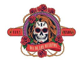 celebración del dia de los muertos con mujer calavera y rosas flores vector