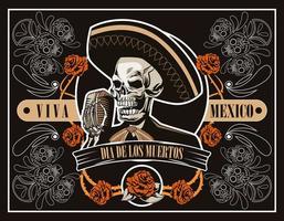 cartel de dia de los muertos con calavera de mariachi cantando con micrófono en cartel marrón vector