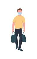 Caucasian man in mask with bags flat color vector faceless character