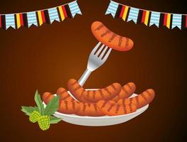 happy oktoberfest celebration with sausages in dish and garlands vector