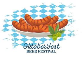 Feliz celebración de la Oktoberfest con salchichas en un plato con fondo de bandera vector