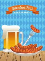 happy oktoberfest celebration with beer jar and sausages vector