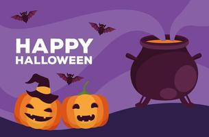 happy halloween celebration card with cauldron and pumpkins vector