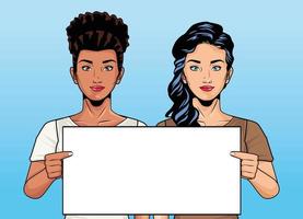 personajes de mujeres jóvenes levantando banner estilo pop art vector