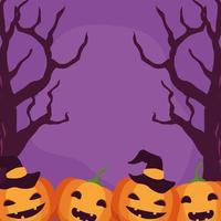 happy halloween celebration card with pumpkins group vector