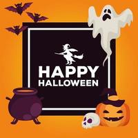 happy halloween celebration card with cauldron and set icons square frame vector