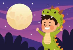 lindo niño vestido como un personaje de dinosaurio y noche de luna vector