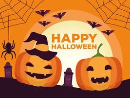 Feliz tarjeta de celebración de Halloween con calabazas y murciélagos en la escena del cementerio vector