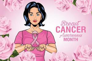 breast cancer awareness month lettering with woman lifting pink ribbon and roses vector