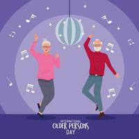 letras del día internacional de las personas mayores con pareja de ancianos celebrando el baile vector