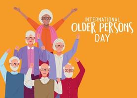 international older persons day lettering with group of people vector