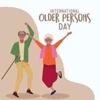 international older persons day lettering with old couple afro celebrating vector