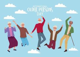 international older persons day lettering with old people jumping in sky vector