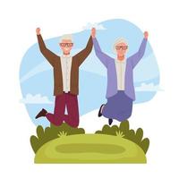 international older persons day with old couple jumping in the field vector