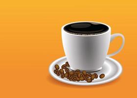 Cartel de pausa para el café con taza y semillas en fondo naranja vector