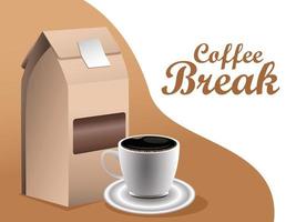 coffee break poster with cup and box packing vector