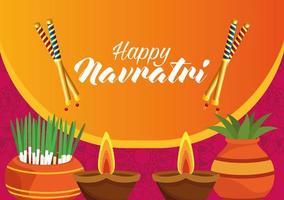 happy navratri celebration card with houseplants and candles vector