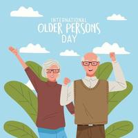 letras del día internacional de las personas mayores con pareja de ancianos celebrando y hojas vector