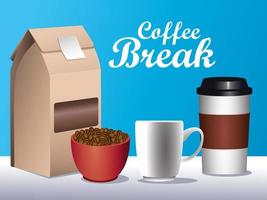 coffee break poster with set icons in blue background vector