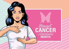 breast cancer awareness month lettering with woman self exam and butterfly vector