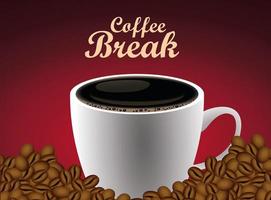 coffee break lettering poster with cup and seeds in red background vector